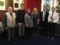 Left to right: Dr William Hunt (BGU); James Root (great grandson of the diarist); Jane Root (grand-daughter of the diarist); Dr Claire Hubbard-Hall (BGU); Jason Semmens (Museum Director); Colonel Ashleigh Boreham (Head of Army Medical Services).